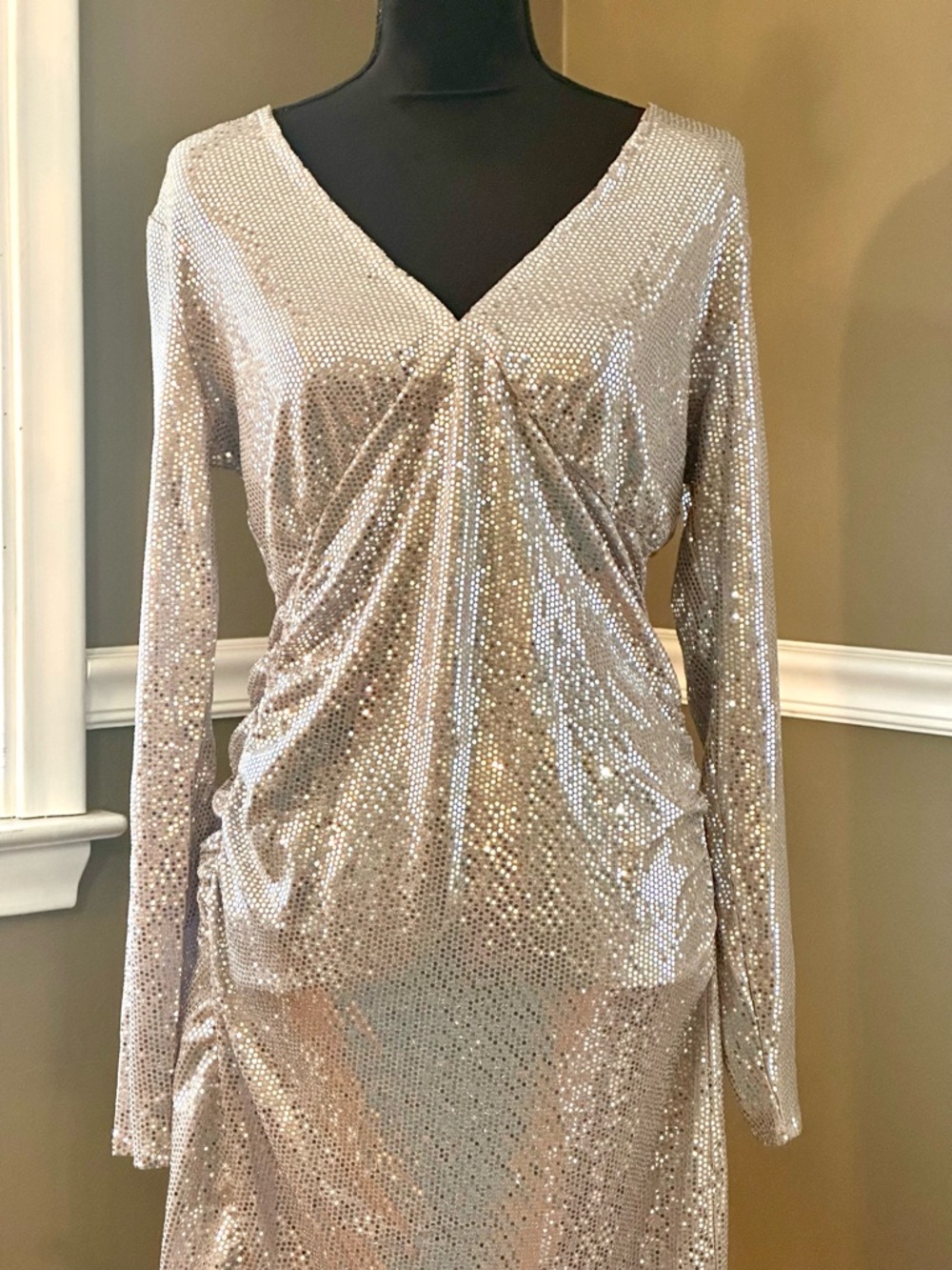 VENUS Silver Sequin V-Neck Maxi Dress